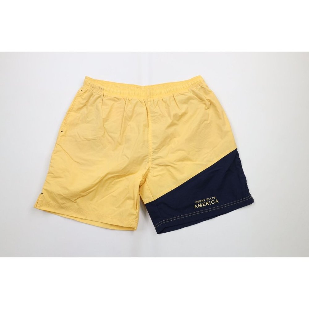 Vintage 90s Perry Ellis Mens XL Spell Out Color Block Lined Shorts Swim Trunks
